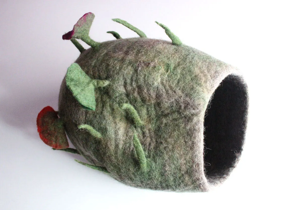 Hand Felted Wool Green Cat House, Cat Bed