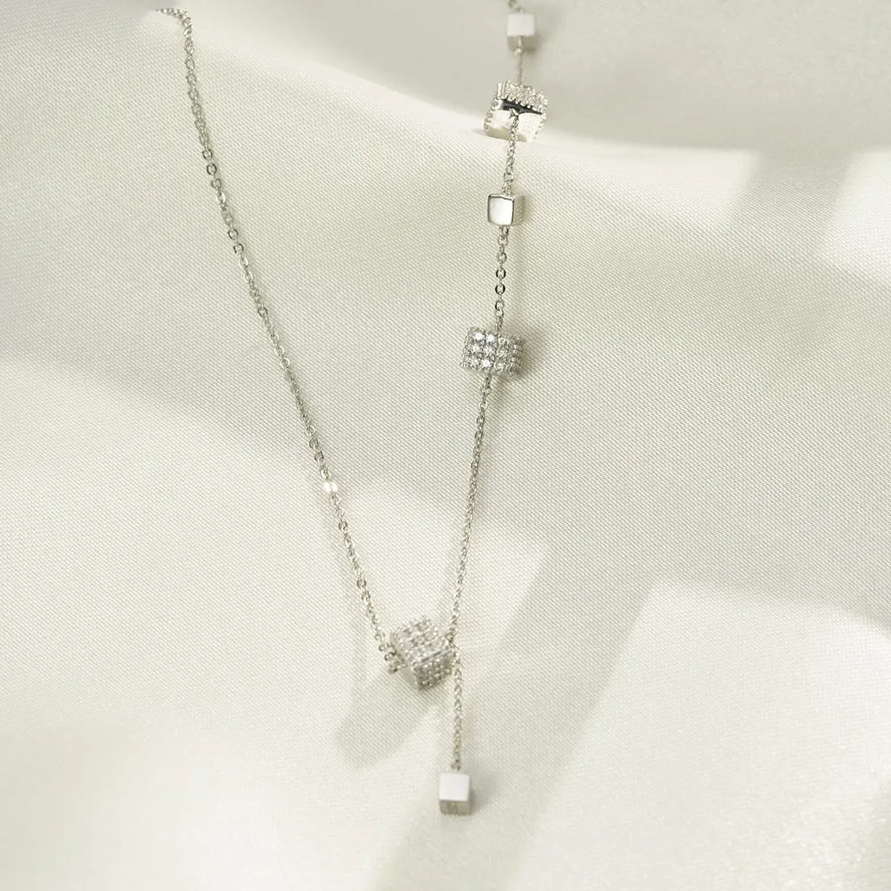 (Two Colours) White Zircon Litter Square Beading 925 Silver Collarbone Necklace for Women