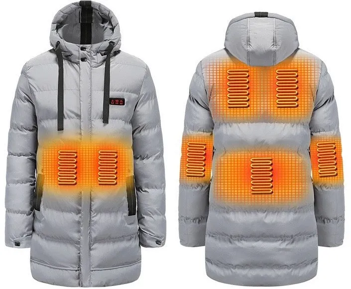 Winter Ice Fishing Smart 7 Zones Heating Cotton-padded Jacket USB Electric Long Windproof Warmth Hooded Coat For Unisex