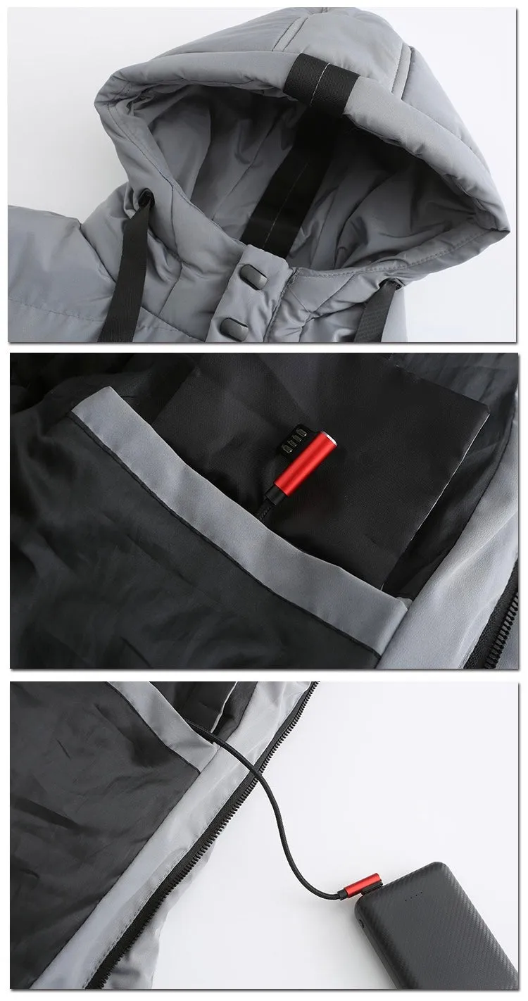 Winter Ice Fishing Smart 7 Zones Heating Cotton-padded Jacket USB Electric Long Windproof Warmth Hooded Coat For Unisex