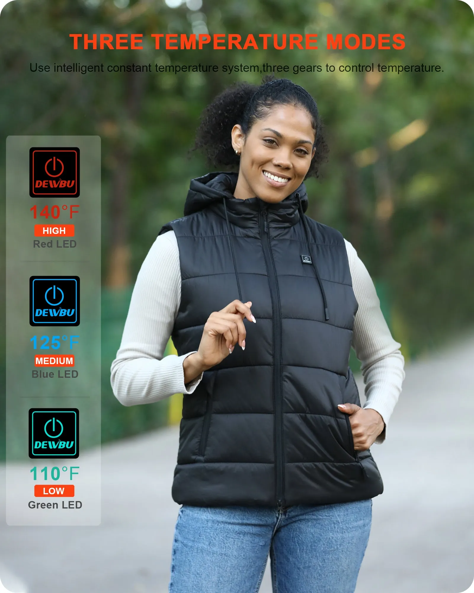 Women's Heated Vest Detachable Hood With 12V Battery Pack - Black