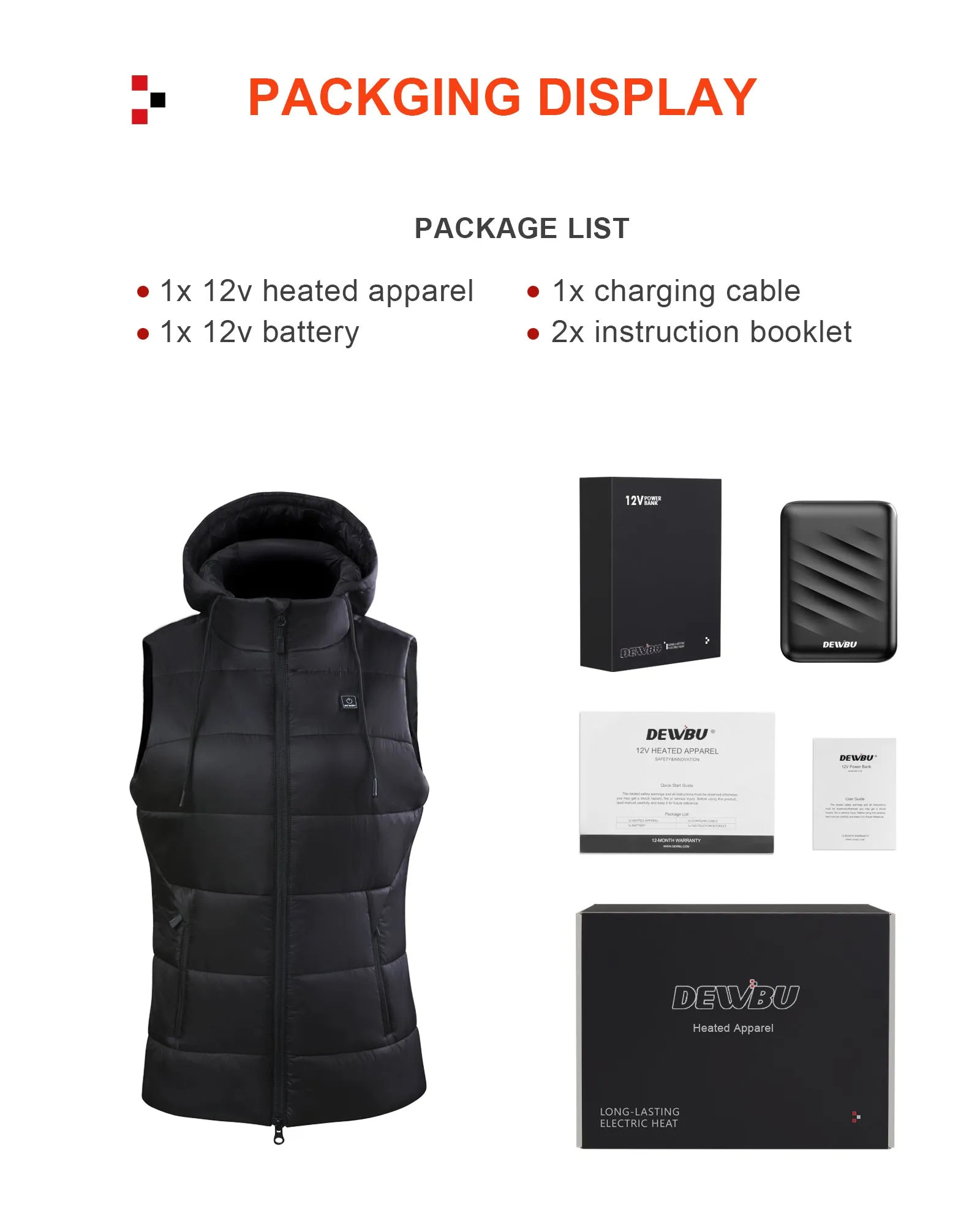 Women's Heated Vest Detachable Hood With 12V Battery Pack - Black