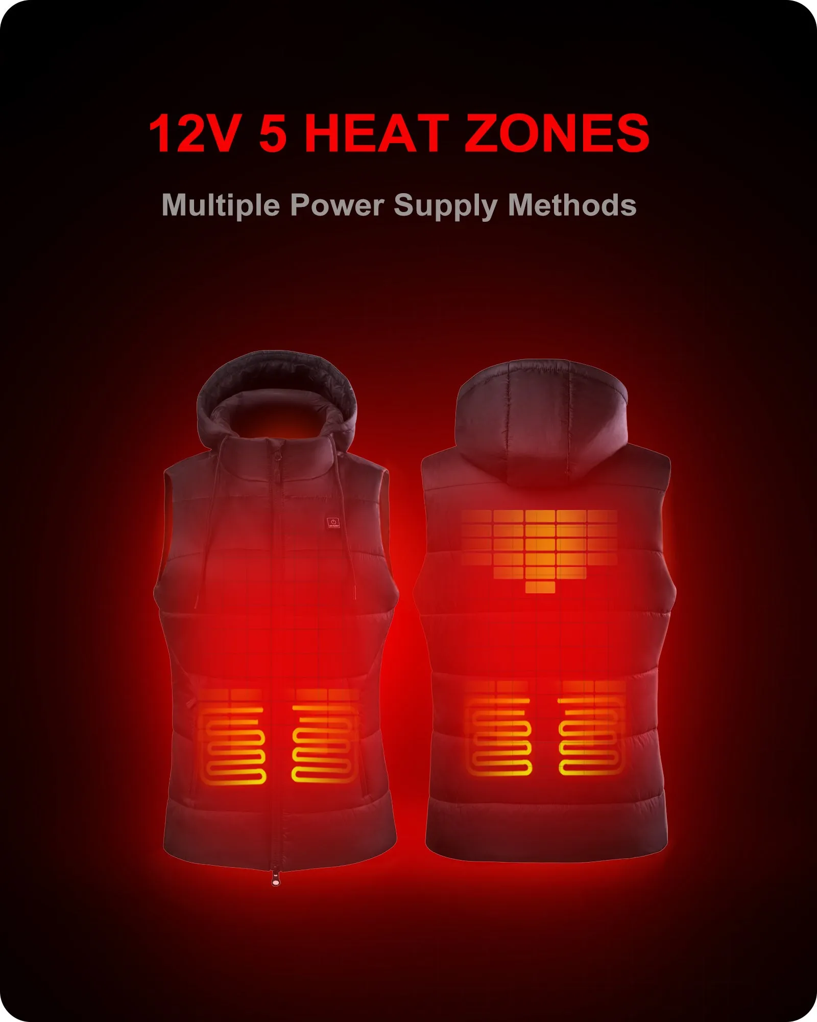 Women's Heated Vest Detachable Hood With 12V Battery Pack - Black
